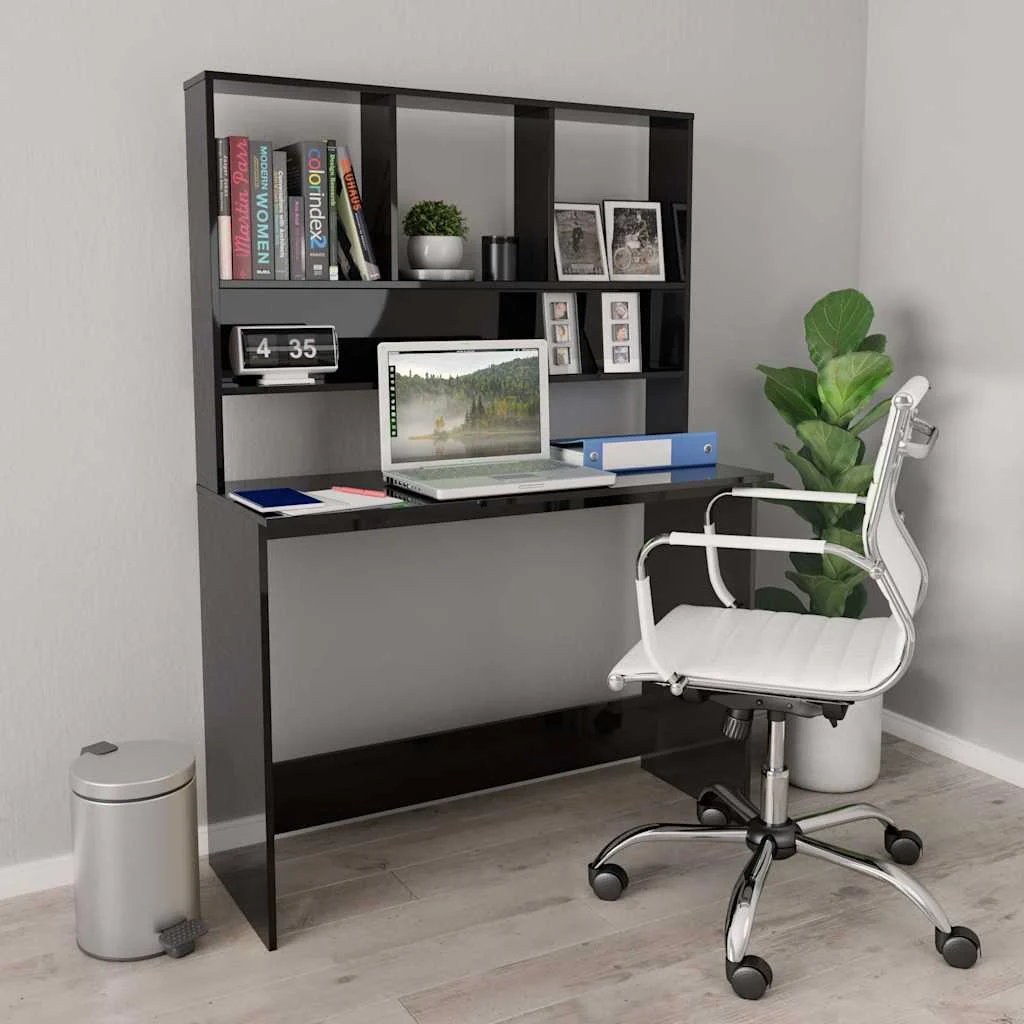 Bureau avec étagères 110 x 45 x 157 cm noir brillant aggloméré – vue d’ensemble