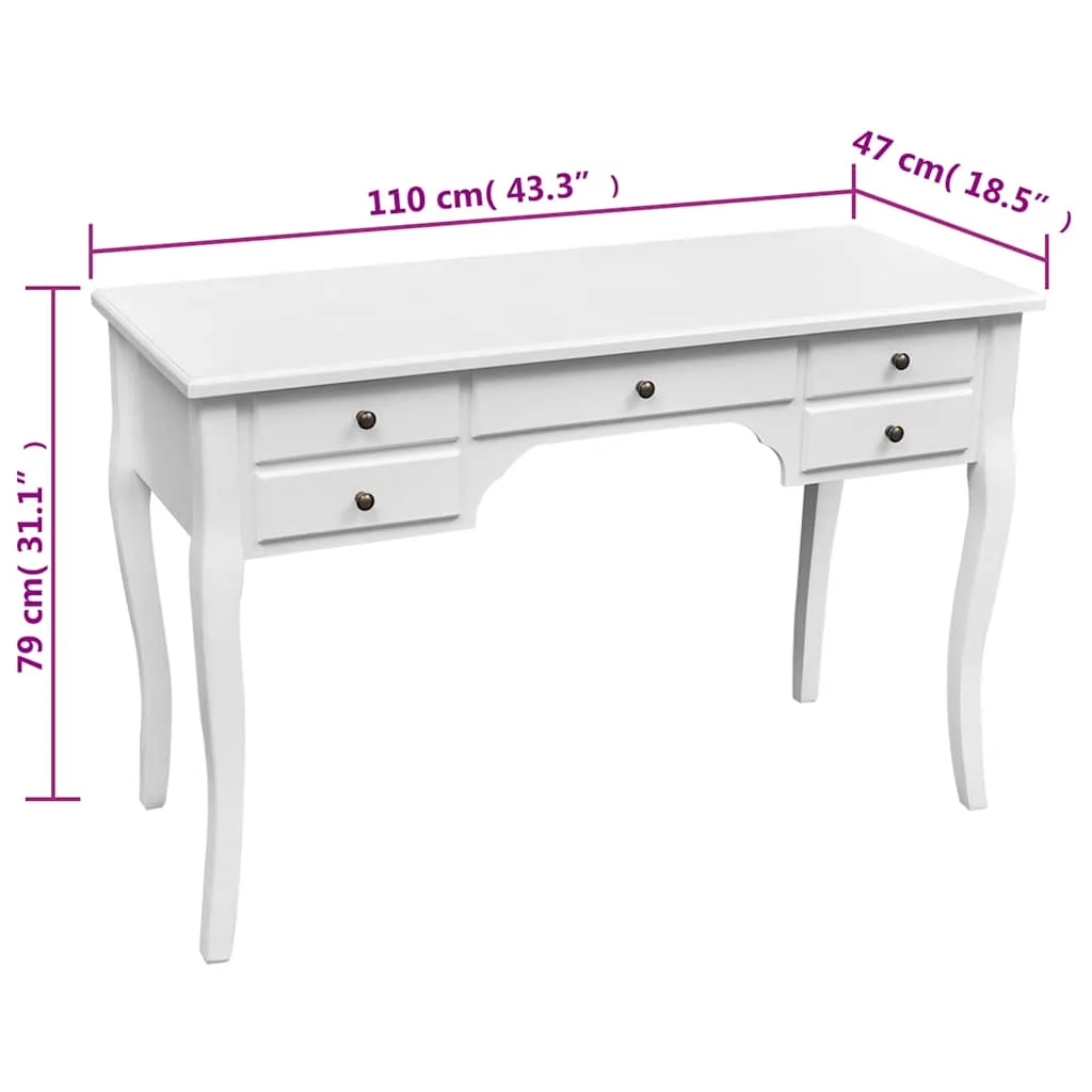 Bureau français en bois avec pieds courbés et 5 tiroirs 110 x 47 x 79 cm blanc mdf – vue en situation