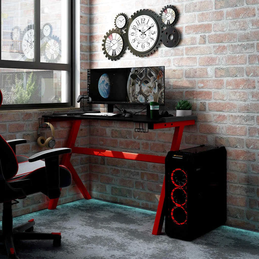 Bureau de jeu à LED en forme de Y 110 x 60 x 75 cm noir bois d'ingénierie – vue d’ensemble