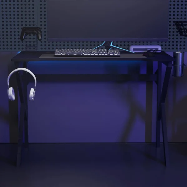 Bureau de jeu avec pieds en forme de K 110 x 60 x 75 cm noir bois d'ingénierie – vue d’ensemble