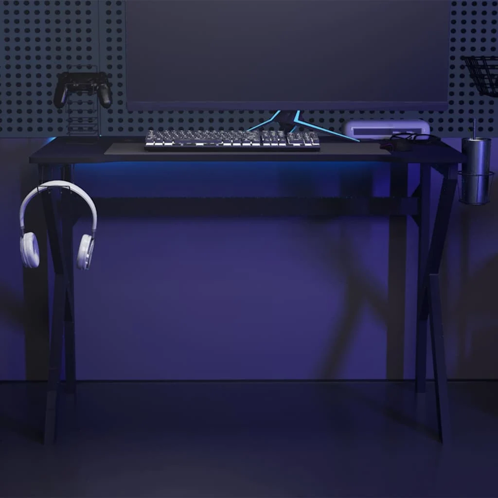 Bureau de jeu avec pieds en forme de K 110 x 60 x 75 cm noir bois d'ingénierie – vue d’ensemble