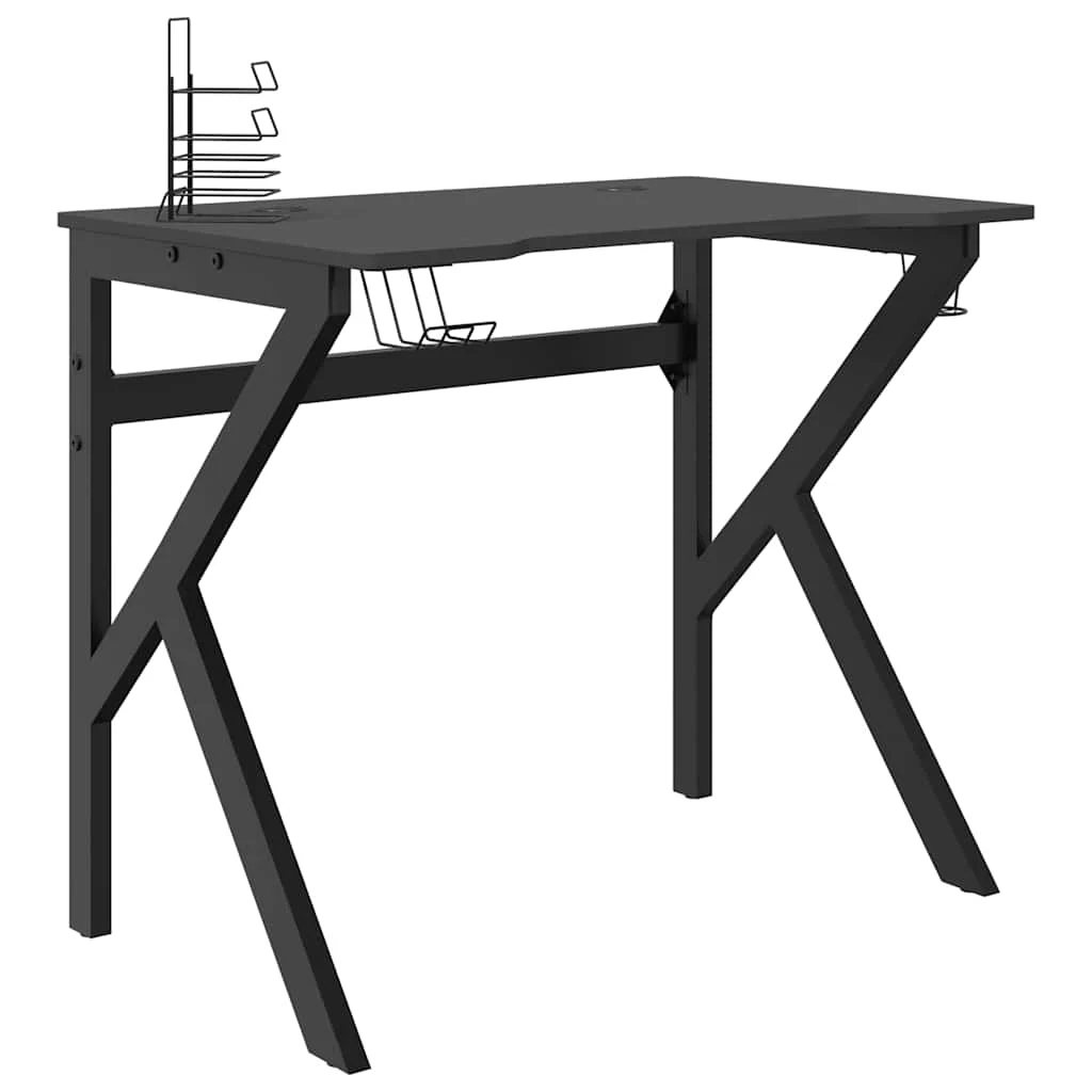 Bureau de jeu avec pieds en forme de K 90 x 60 x 75 cm noir bois d'ingénierie – vue de côté