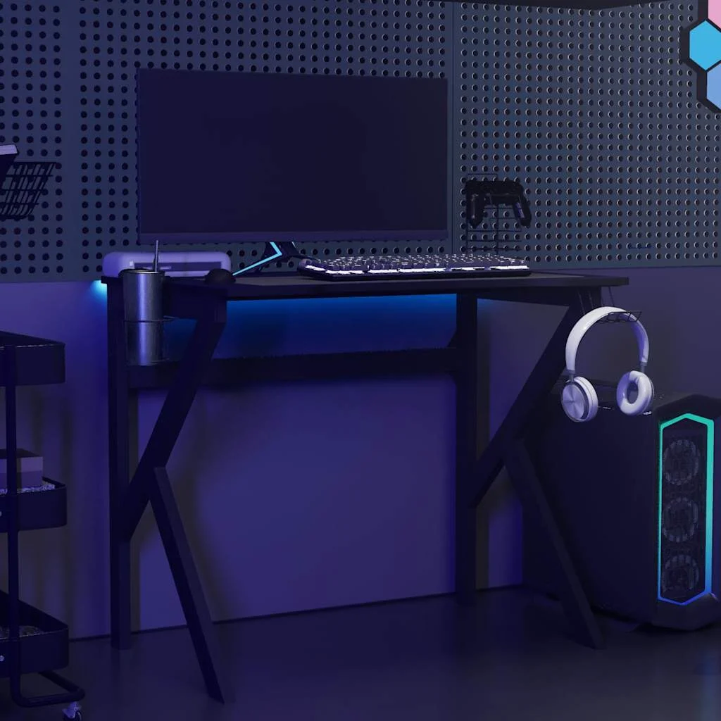 Bureau de jeu avec pieds en forme de K 90 x 60 x 75 cm noir bois d'ingénierie – vue de détail