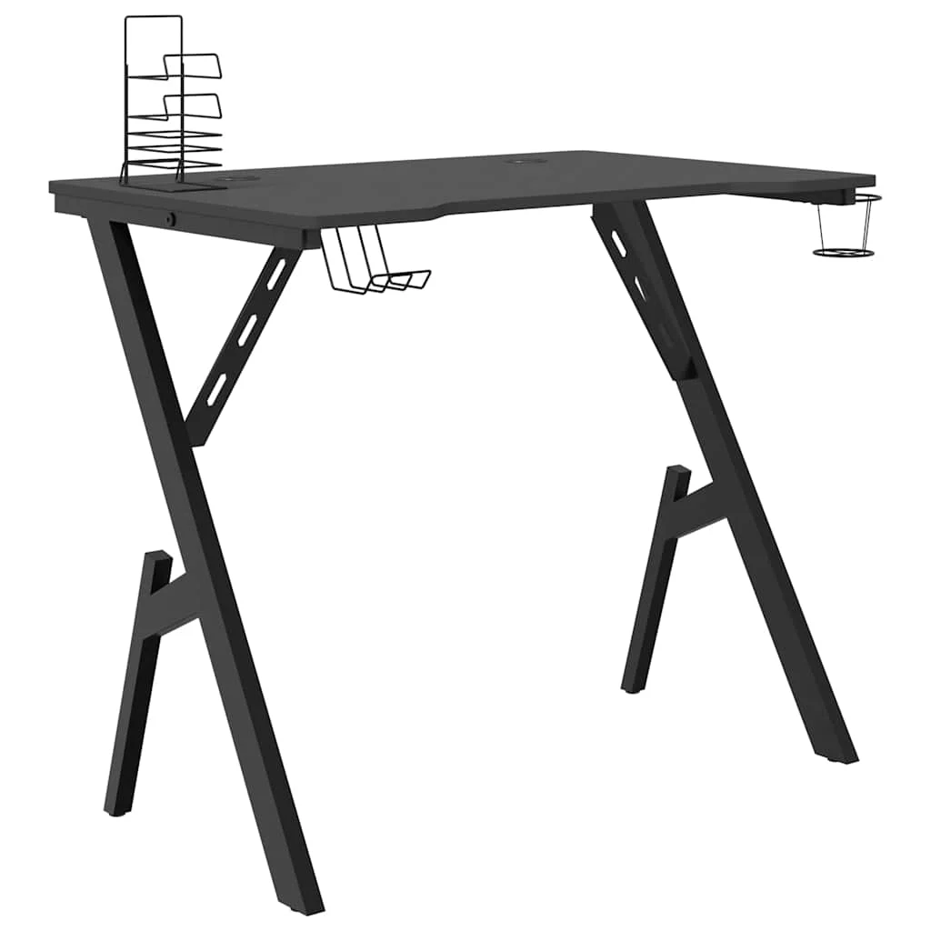 Bureau de jeu avec pieds en forme de Y 90 x 60 x 75 cm noir bois d'ingénierie – vue de côté