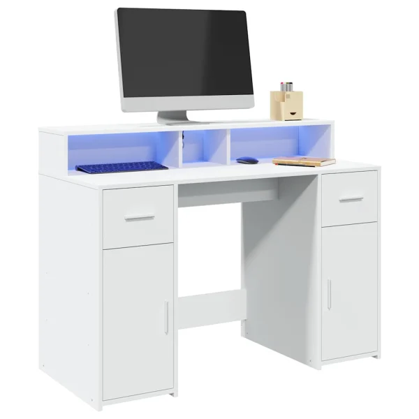 Bureau avec lumières LED 120 x 55 x 91 cm blanc bois d'ingénierie – vue d’ensemble