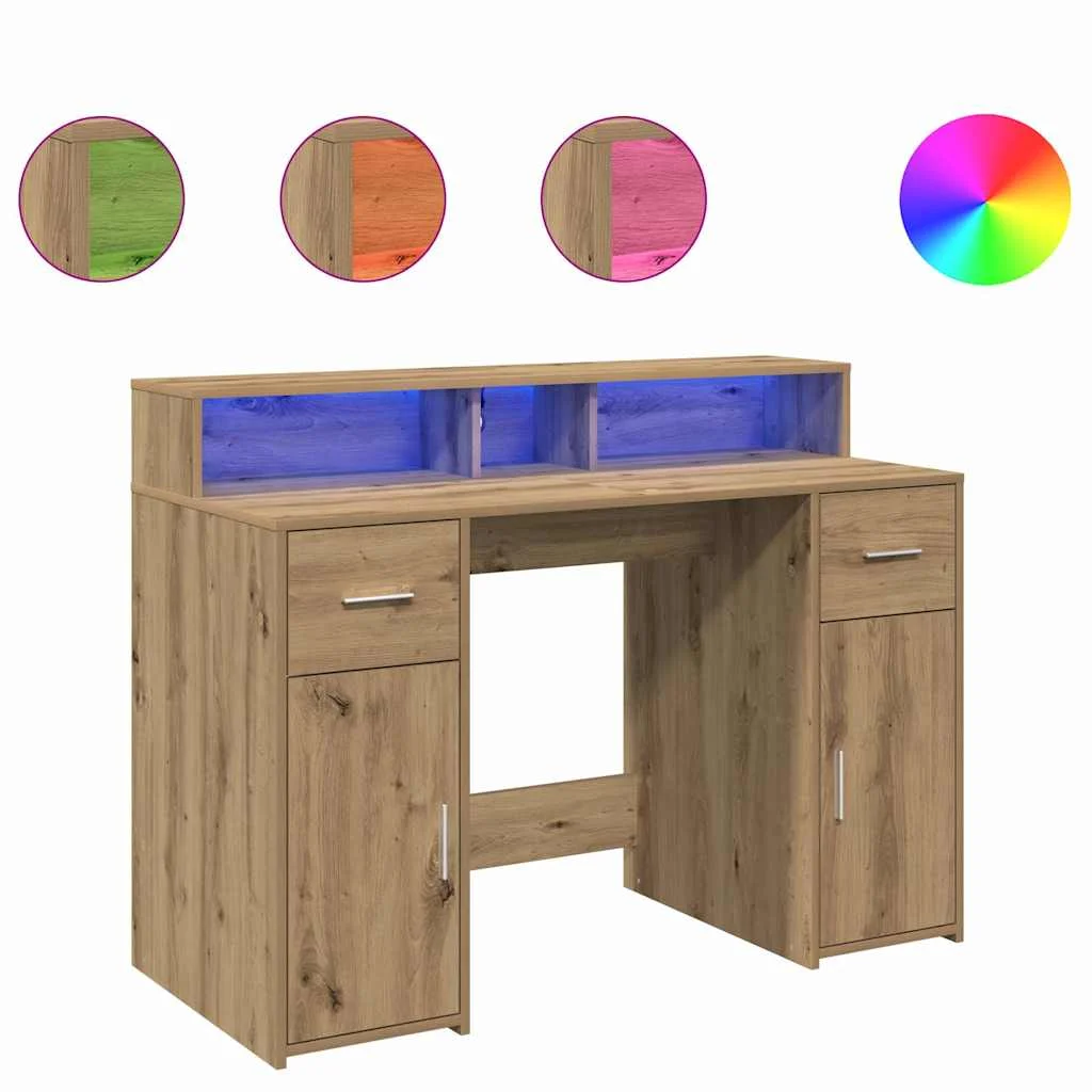 Bureau avec lumières LED 120 x 55 x 91 cm chêne artisanal bois d'ingénierie – vue de côté