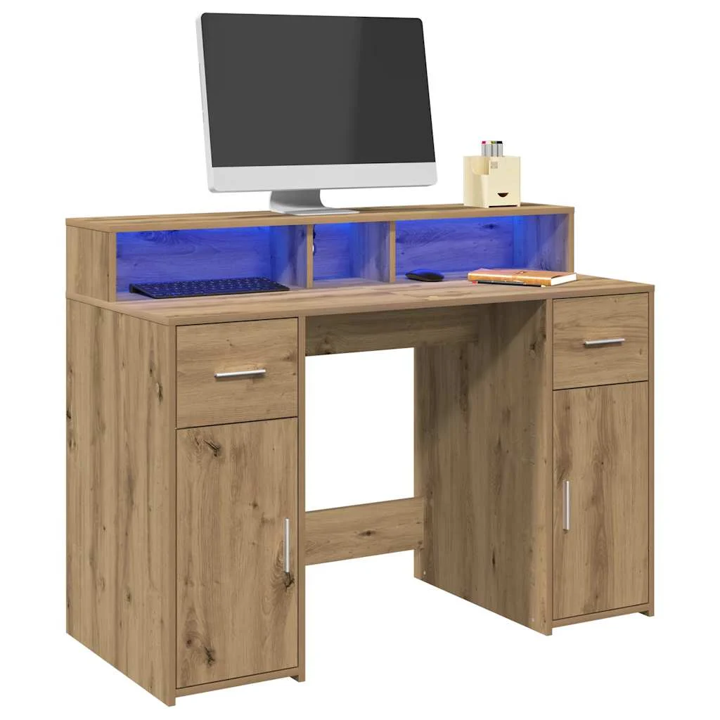 Bureau avec lumières LED 120 x 55 x 91 cm chêne artisanal bois d'ingénierie – vue de détail