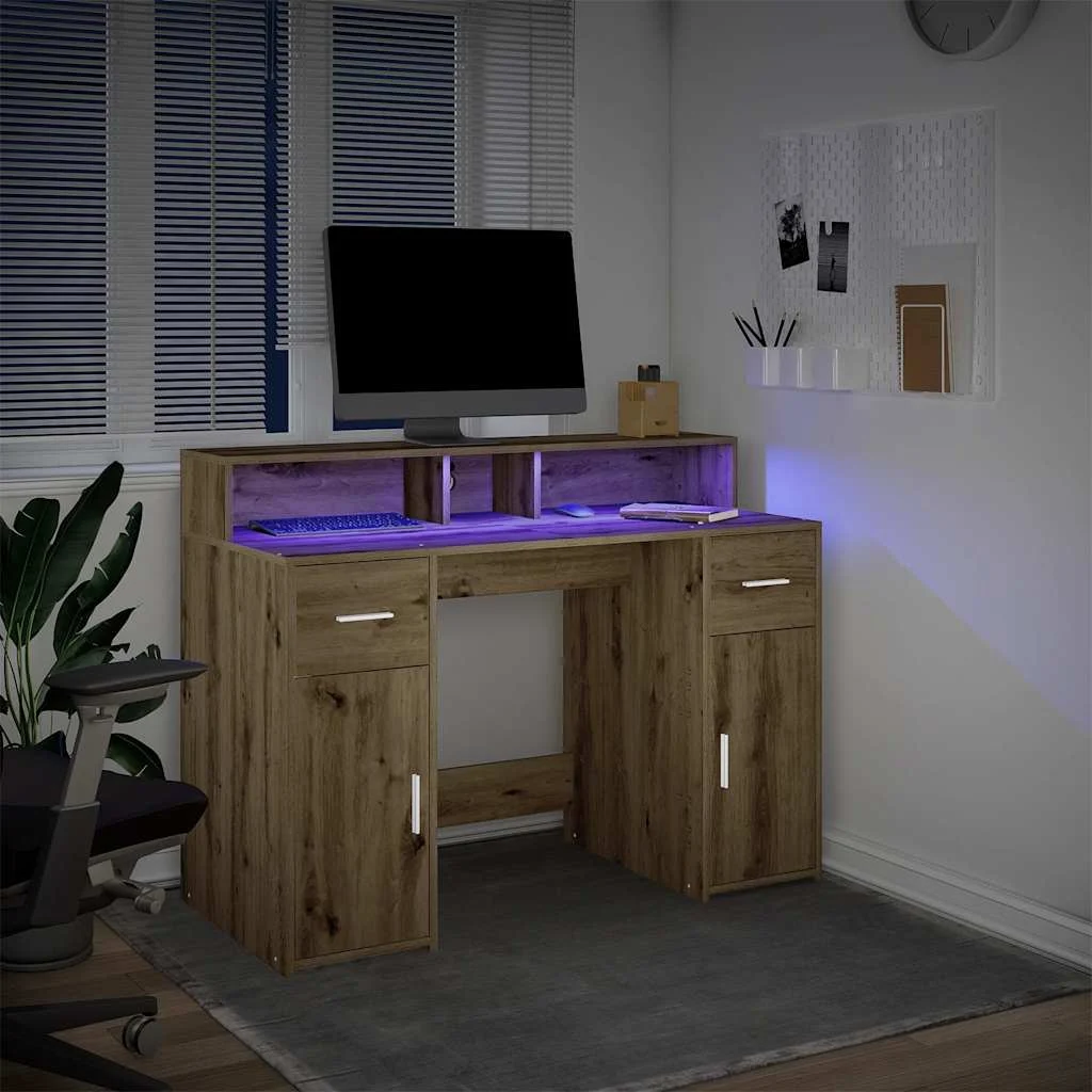 Bureau avec lumières LED 120 x 55 x 91 cm chêne artisanal bois d'ingénierie – vue en situation