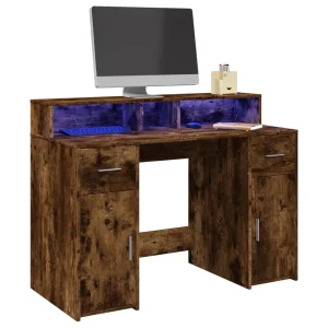 Bureau et lumières LED 120 x 55 x 91 cm chêne fumé bois d'ingénierie – vue d’ensemble