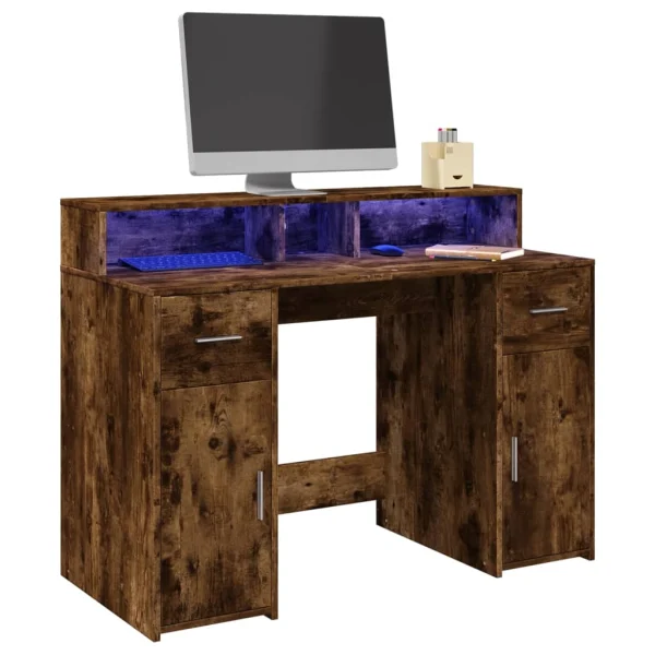 Bureau et lumières LED 120 x 55 x 91 cm chêne fumé bois d'ingénierie – vue d’ensemble