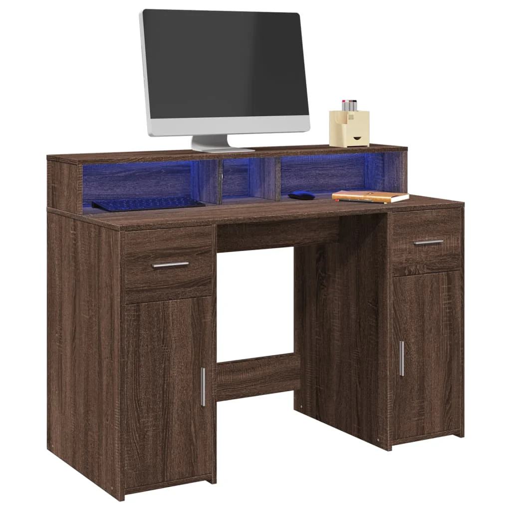 Bureau et lumières LED 120 x 55 x 91 cm chêne marron bois d'ingénierie – vue d’ensemble