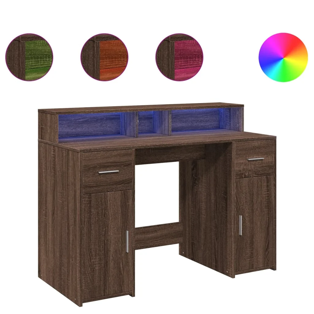 Bureau et lumières LED 120 x 55 x 91 cm chêne marron bois d'ingénierie – vue de côté