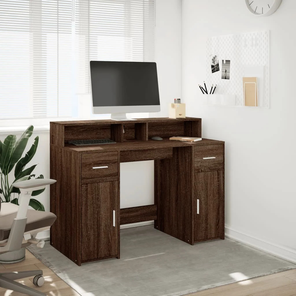 Bureau et lumières LED 120 x 55 x 91 cm chêne marron bois d'ingénierie – vue de détail