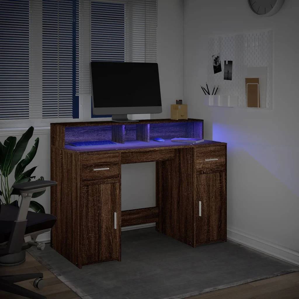 Bureau et lumières LED 120 x 55 x 91 cm chêne marron bois d'ingénierie – vue en situation