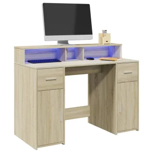 Bureau avec lumières LED 120 x 55 x 91 cm chêne sonoma bois d'ingénierie – vue d’ensemble