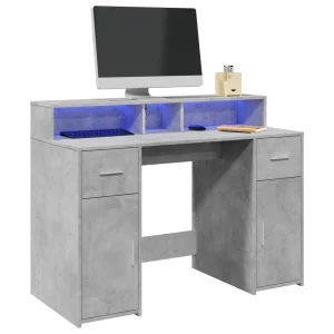 Bureau et lumières LED 120 x 55 x 91 cm gris béton bois d'ingénierie – vue d’ensemble