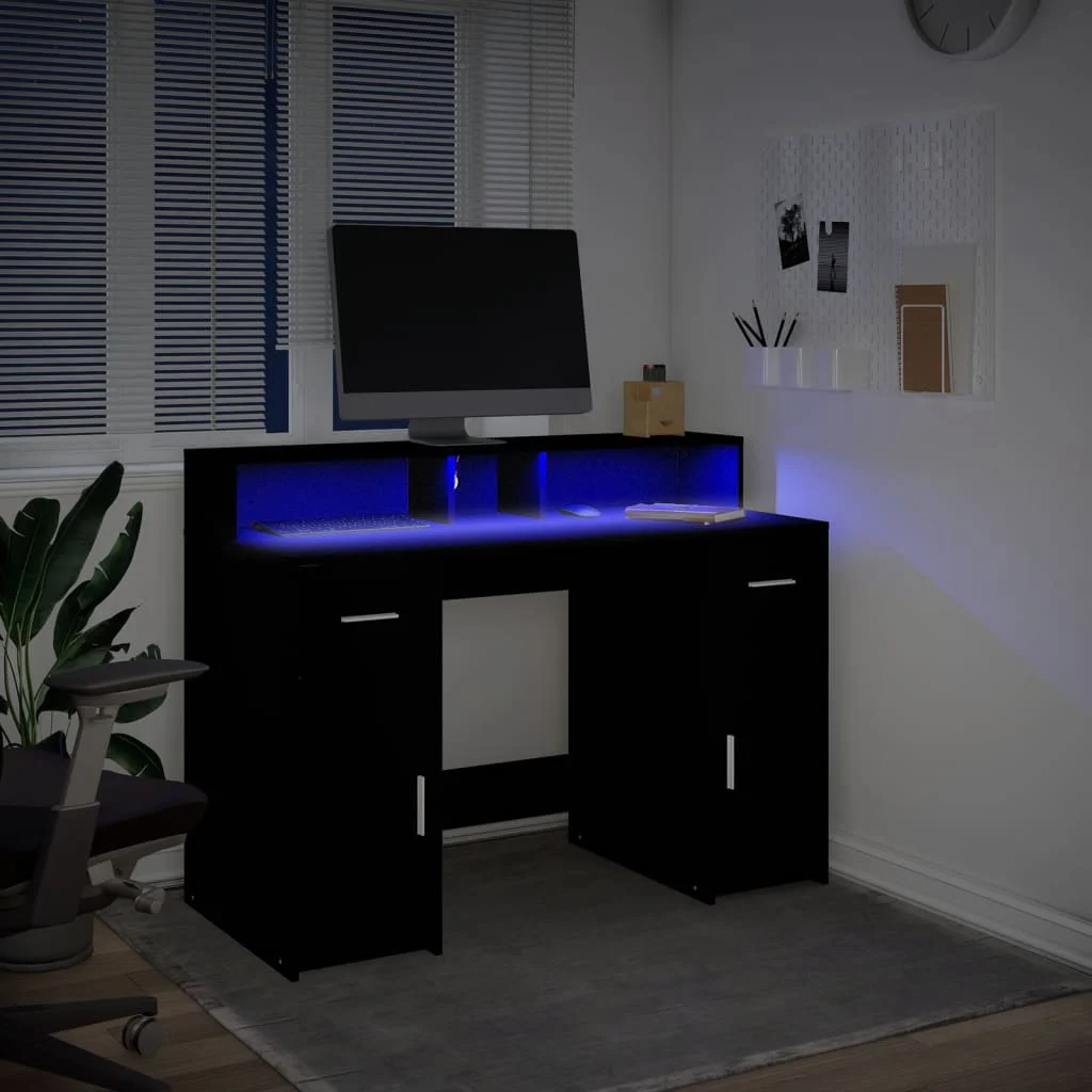 Bureau avec lumières LED 120 x 55 x 91 cm noir bois d'ingénierie – vue en situation