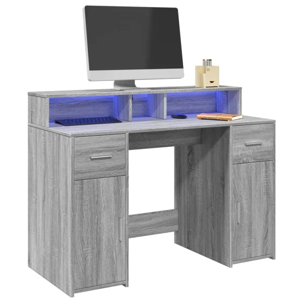 Bureau et lumières LED 120 x 55 x 91 cm sonoma gris bois d'ingénierie – vue d’ensemble