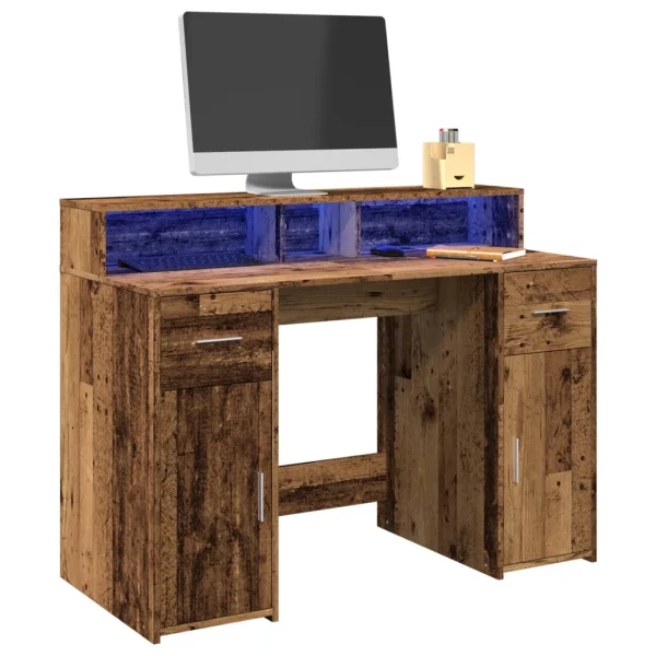 Bureau avec lumières LED 120 x 55 x 91 cm vieux bois bois d'ingénierie – vue d’ensemble