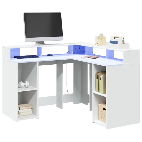 Bureau avec lumières LED 130 x 130 x 91 cm blanc bois d'ingénierie – vue d’ensemble
