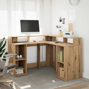 Bureau avec lumières LED 130 x 130 x 91 cm chêne artisanal bois d'ingénierie – vue d’ensemble
