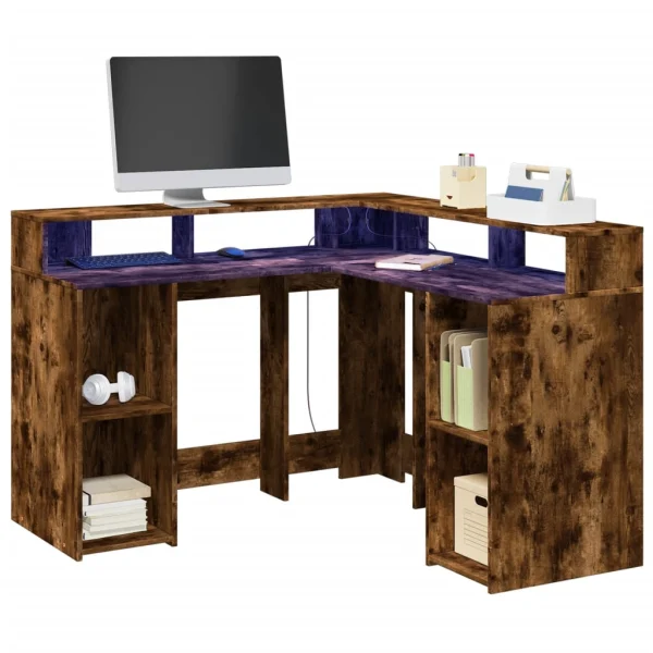 Bureau et lumières LED 130 x 130 x 91 cm chêne fumé bois d'ingénierie – vue d’ensemble