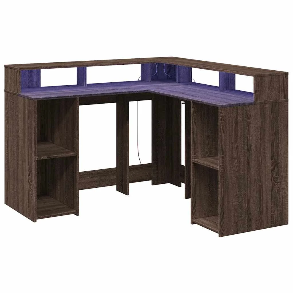 Bureau et lumières LED 130 x 130 x 91 cm chêne marron bois d'ingénierie – vue de dessus