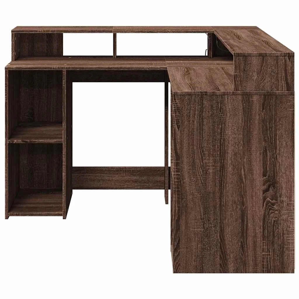 Bureau et lumières LED 130 x 130 x 91 cm chêne marron bois d'ingénierie – vue de dos
