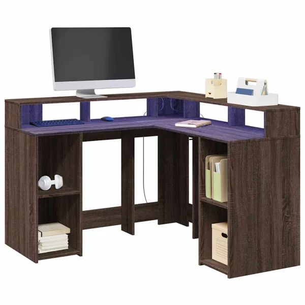 Bureau et lumières LED 130 x 130 x 91 cm chêne marron bois d'ingénierie – vue d’ensemble