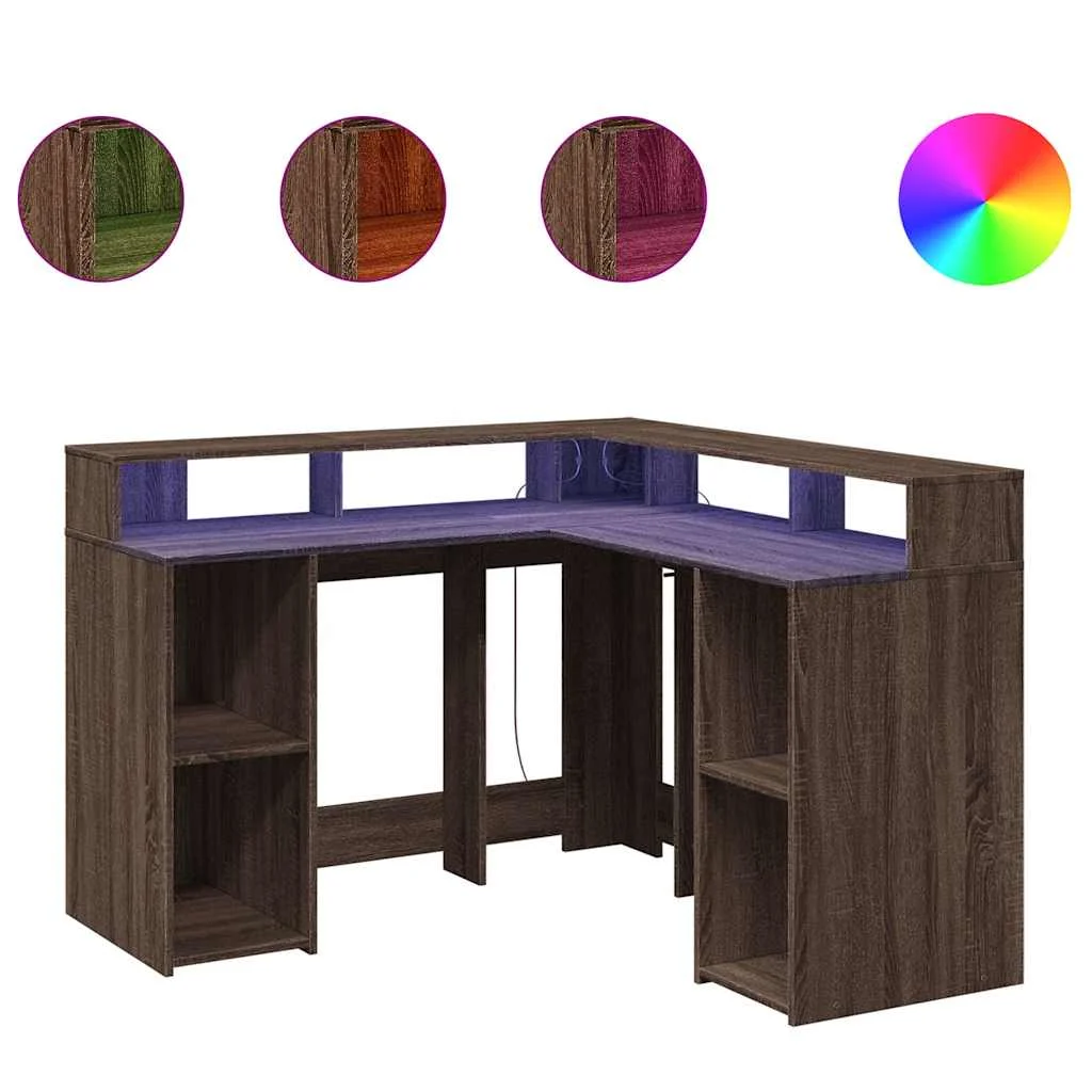 Bureau et lumières LED 130 x 130 x 91 cm chêne marron bois d'ingénierie – vue de côté