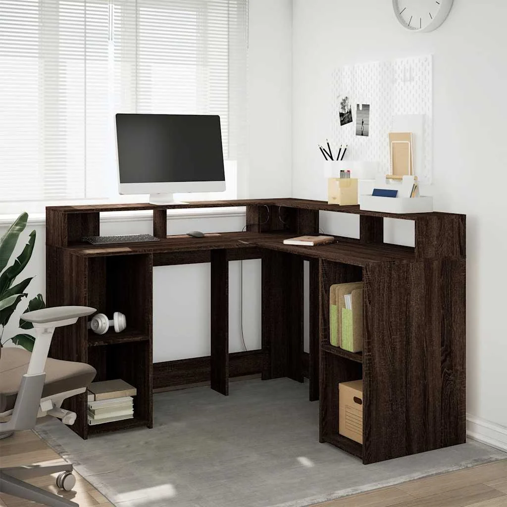 Bureau et lumières LED 130 x 130 x 91 cm chêne marron bois d'ingénierie – vue de détail