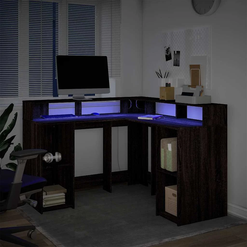Bureau et lumières LED 130 x 130 x 91 cm chêne marron bois d'ingénierie – vue en situation