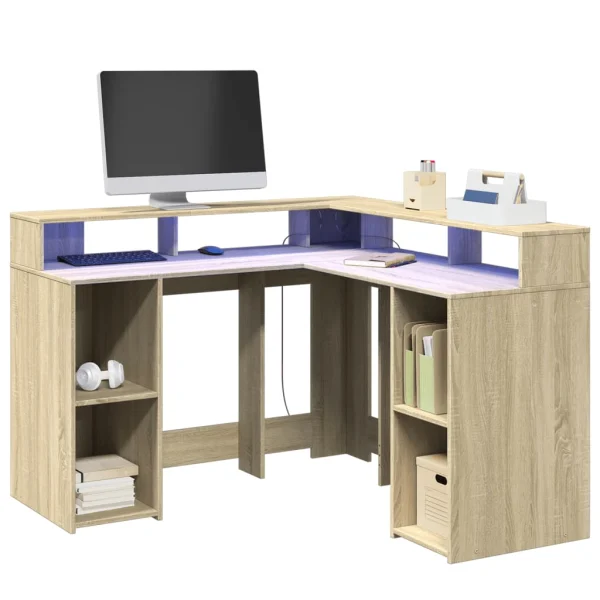 Bureau avec lumières LED 130 x 130 x 91 cm chêne sonoma bois d'ingénierie – vue d’ensemble