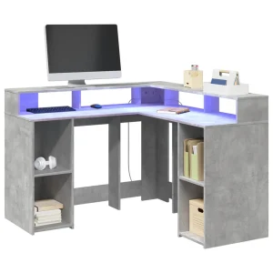 Bureau et lumières LED 130 x 130 x 91 cm gris béton bois d'ingénierie – vue d’ensemble