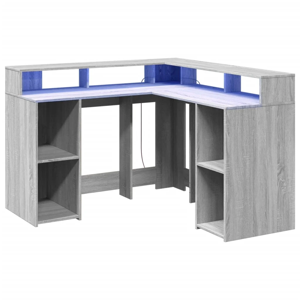 Bureau et lumières LED 130 x 130 x 91 cm sonoma gris bois d'ingénierie – vue de dessus