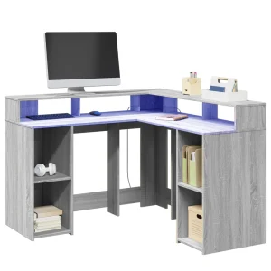 Bureau et lumières LED 130 x 130 x 91 cm sonoma gris bois d'ingénierie – vue d’ensemble