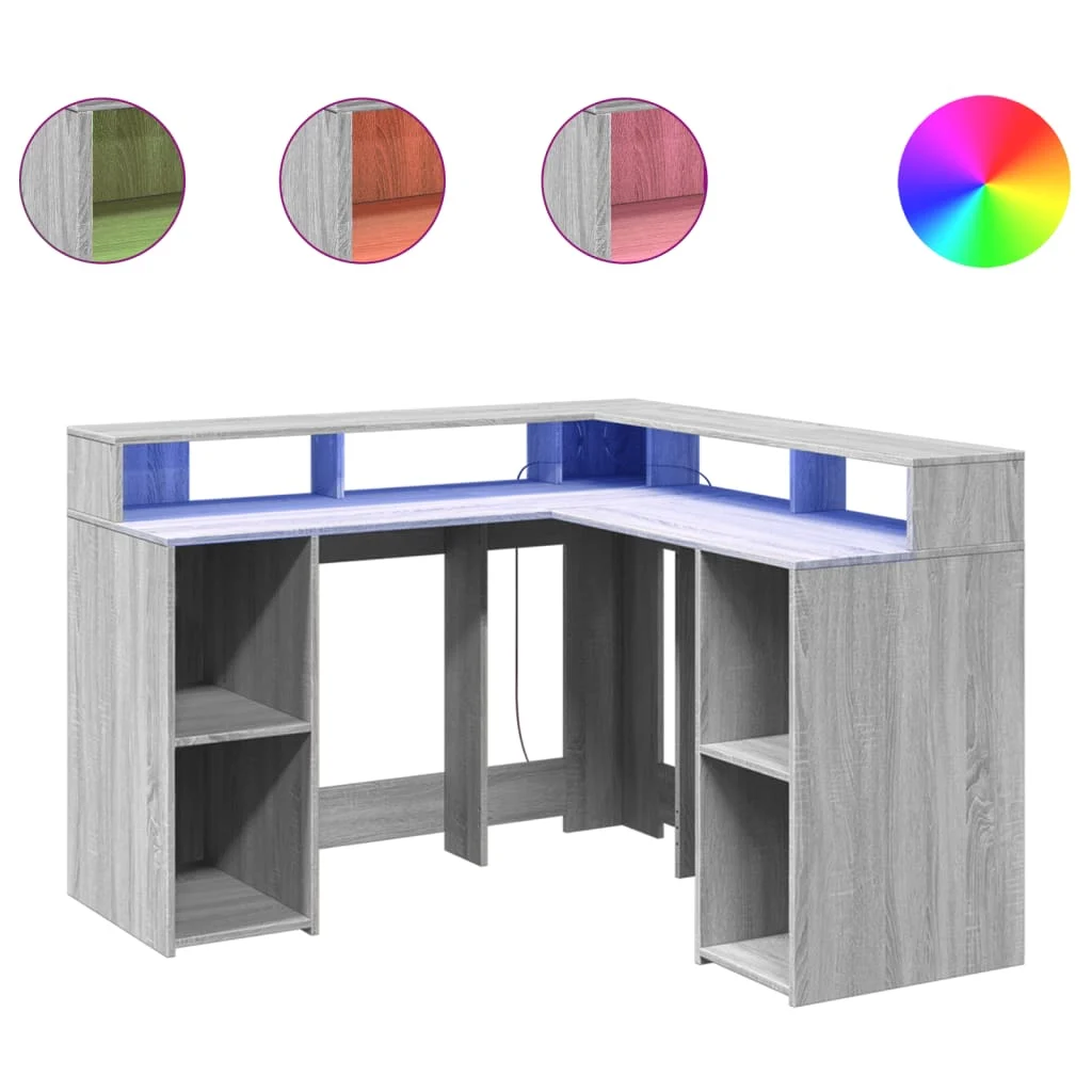 Bureau et lumières LED 130 x 130 x 91 cm sonoma gris bois d'ingénierie – vue de côté