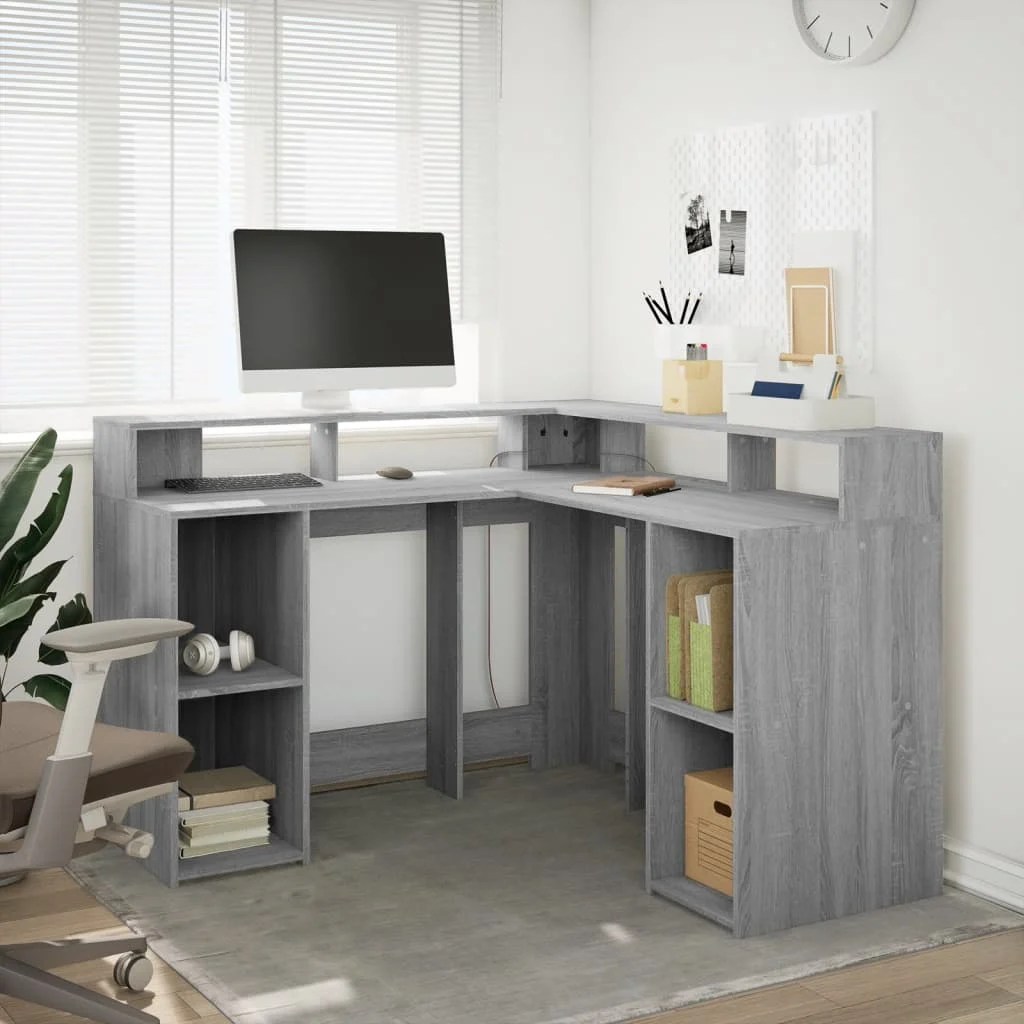 Bureau et lumières LED 130 x 130 x 91 cm sonoma gris bois d'ingénierie – vue de détail