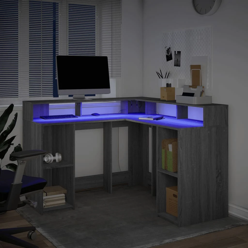 Bureau et lumières LED 130 x 130 x 91 cm sonoma gris bois d'ingénierie – vue en situation
