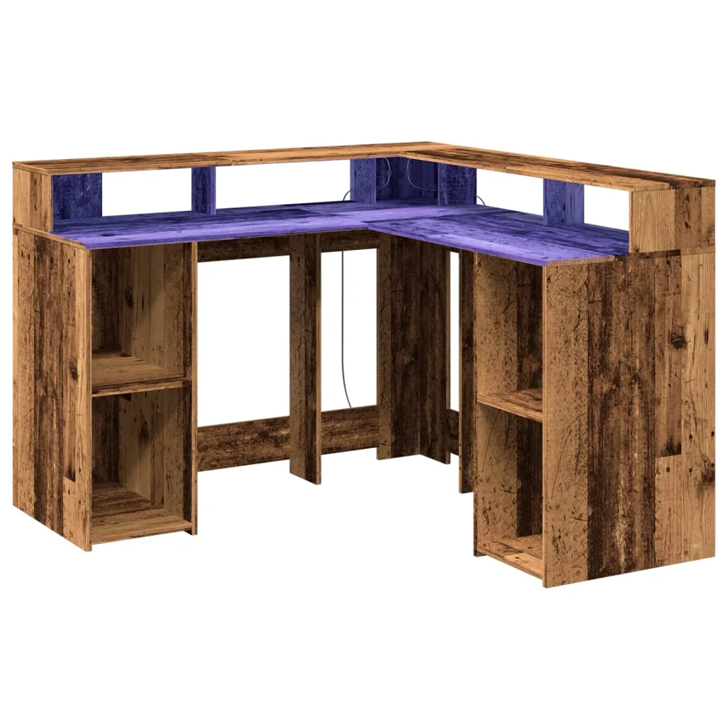 Bureau avec lumières LED 130 x 130 x 91 cm vieux bois bois d'ingénierie – vue de dessus