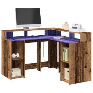Bureau avec lumières LED 130 x 130 x 91 cm vieux bois bois d'ingénierie – vue d’ensemble