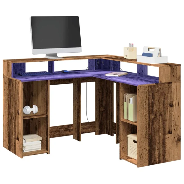 Bureau avec lumières LED 130 x 130 x 91 cm vieux bois bois d'ingénierie – vue d’ensemble