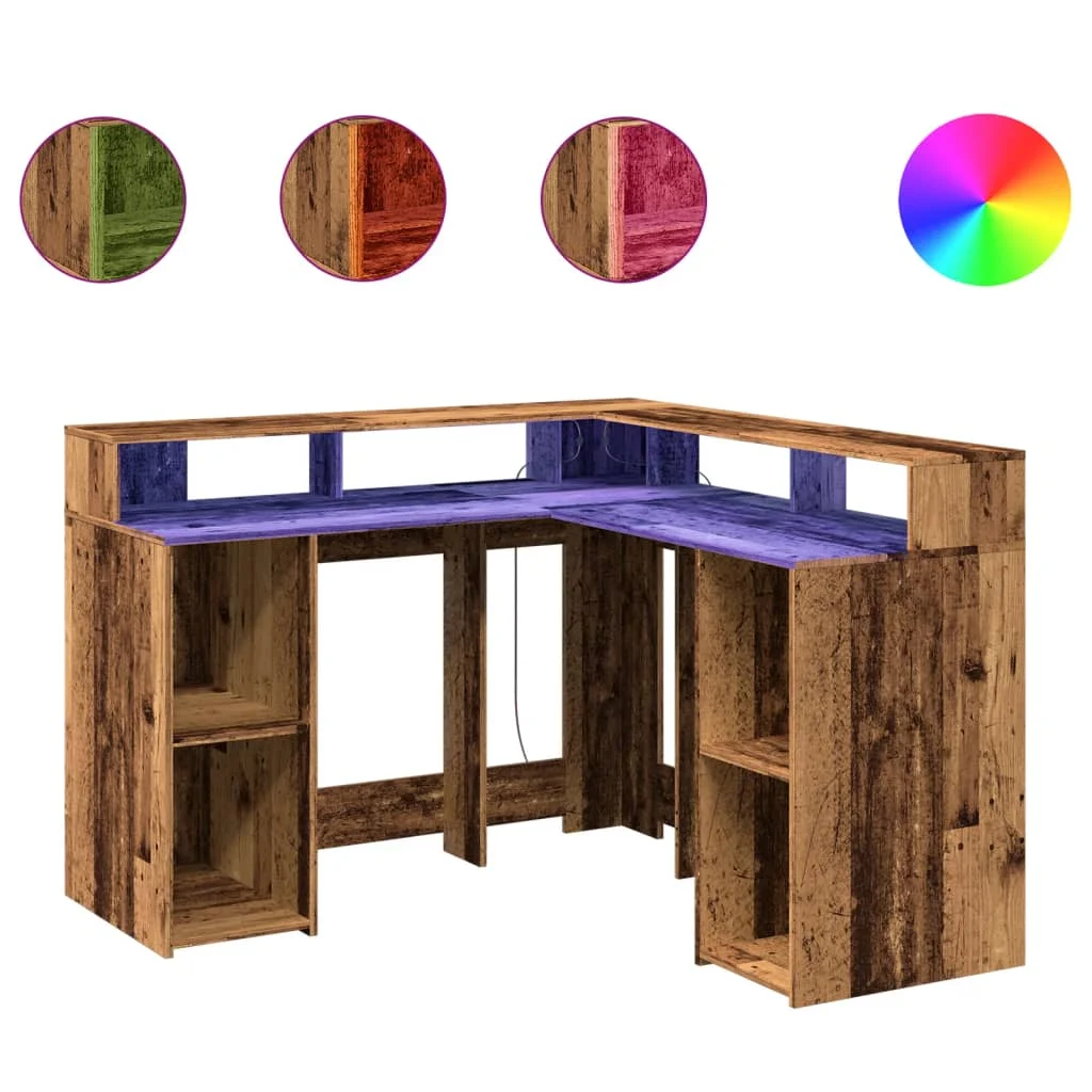 Bureau avec lumières LED 130 x 130 x 91 cm vieux bois bois d'ingénierie – vue de côté