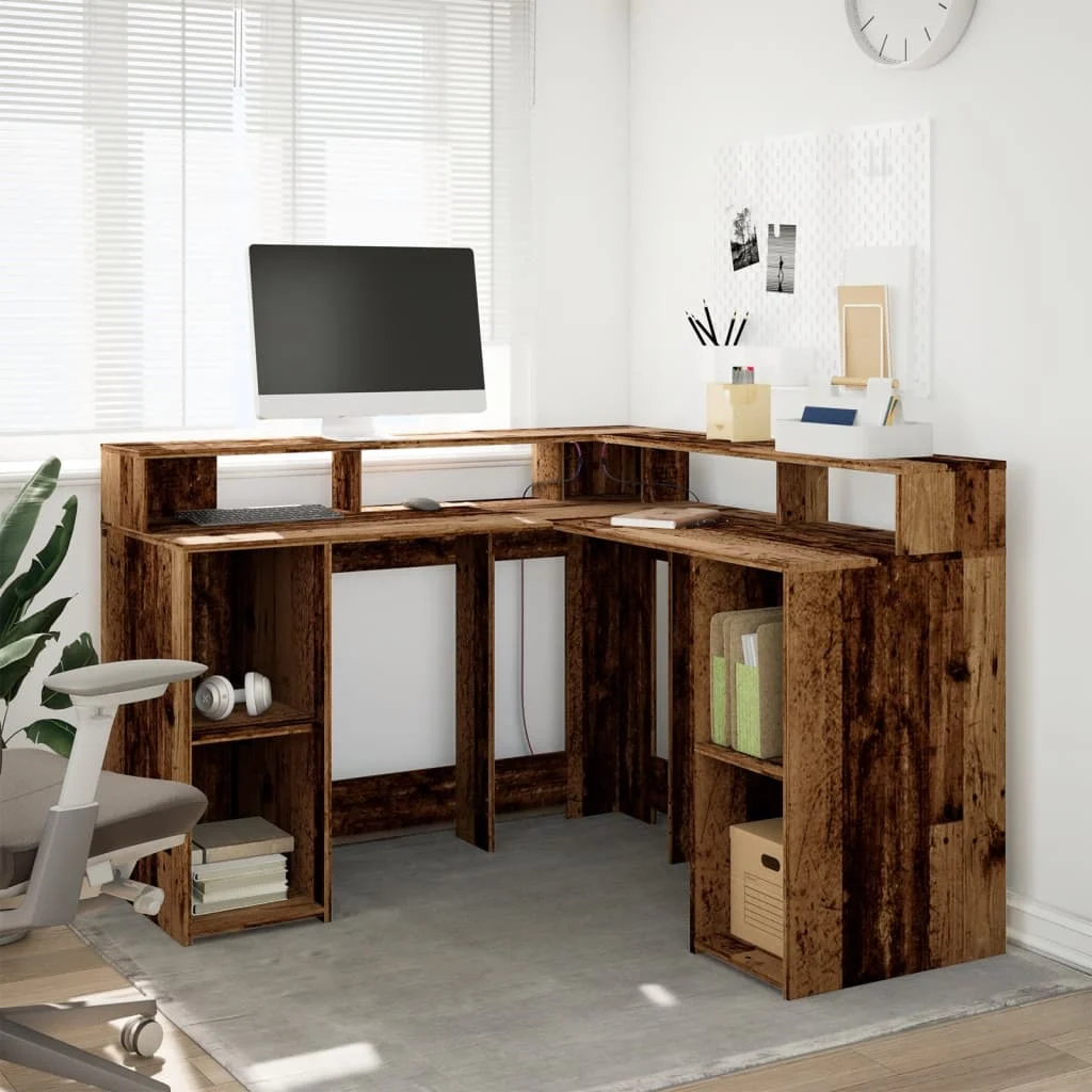 Bureau avec lumières LED 130 x 130 x 91 cm vieux bois bois d'ingénierie – vue de détail