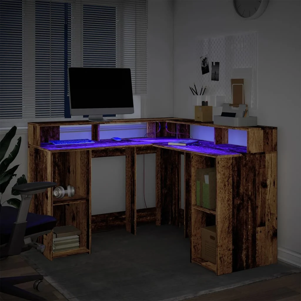 Bureau avec lumières LED 130 x 130 x 91 cm vieux bois bois d'ingénierie – vue en situation