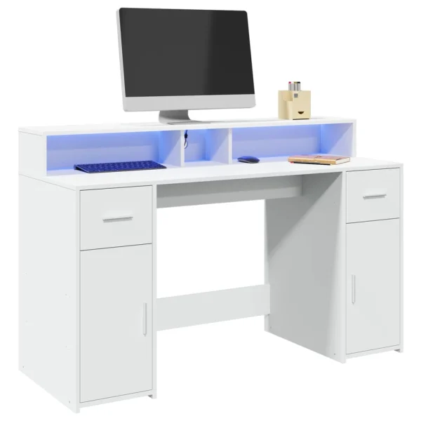 Bureau avec lumières LED 140 x 55 x 91 cm blanc bois d'ingénierie – vue d’ensemble