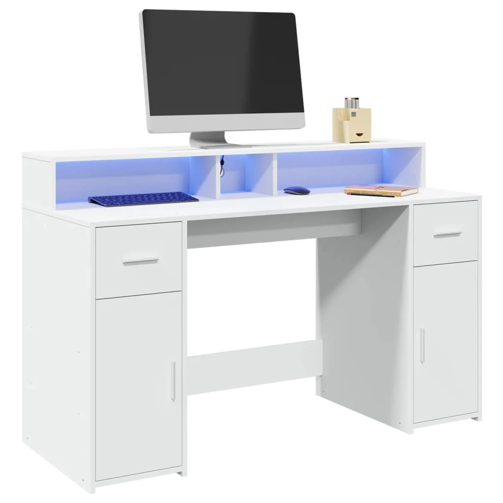 Bureau avec lumières LED 140 x 55 x 91 cm blanc bois d'ingénierie – vue d’ensemble