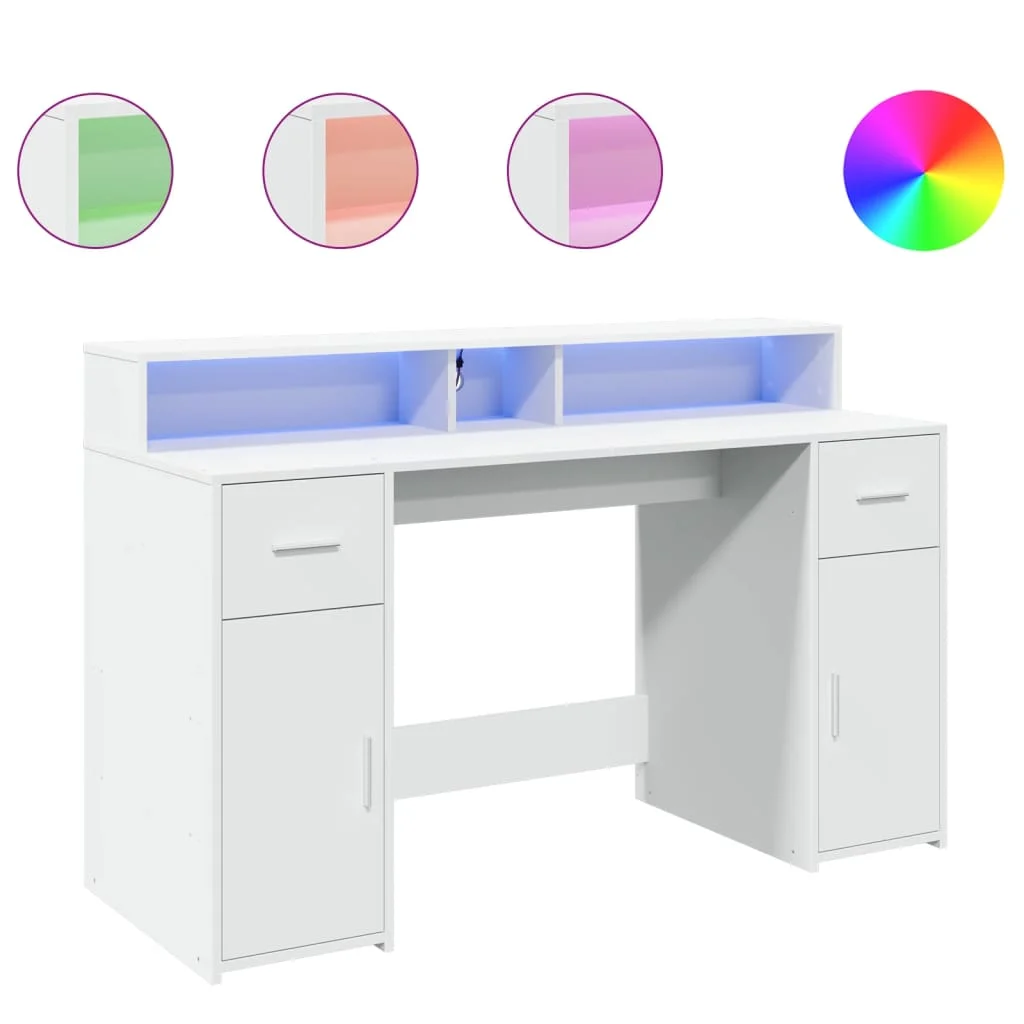 Bureau avec lumières LED 140 x 55 x 91 cm blanc bois d'ingénierie – vue de côté