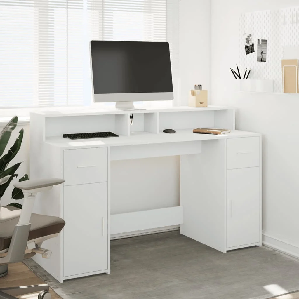 Bureau avec lumières LED 140 x 55 x 91 cm blanc bois d'ingénierie – vue de détail
