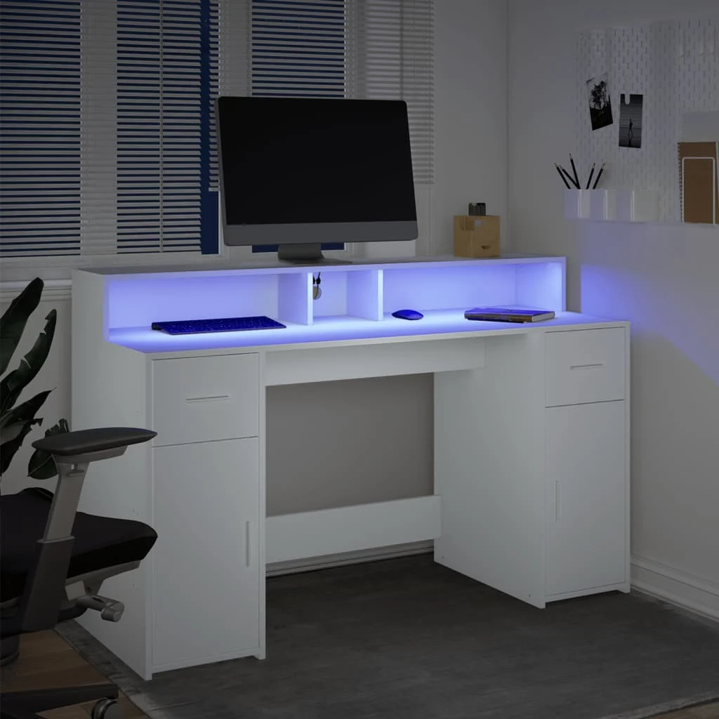 Bureau avec lumières LED 140 x 55 x 91 cm blanc bois d'ingénierie – vue en situation